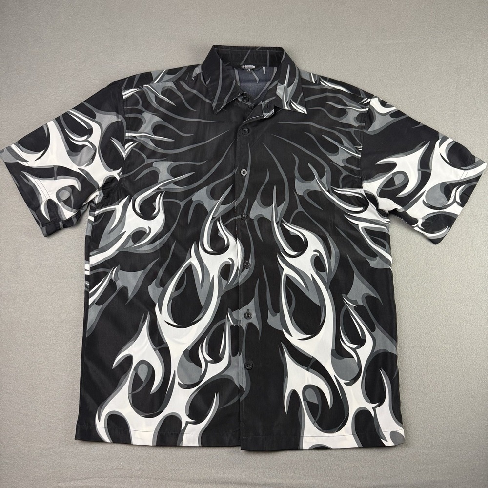 Vintage Y2K Mecca Shirt Mens Large All Over‎ Print Flames Black White Ricky TPB